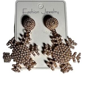 Christmas Snowflake Pearl Seed Bead Drop Dangle Earrings Gold Tone Jewelry